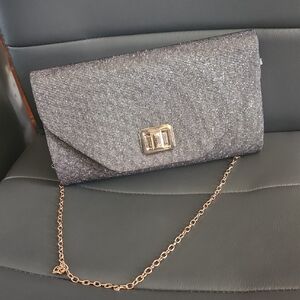 NWT Black Glittery Clutch with Gold Chain